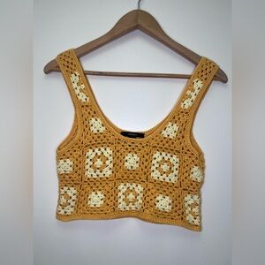 Crochet Granny Square Crop Top Mustard Boho Festival Knit Tank Handmade vibe